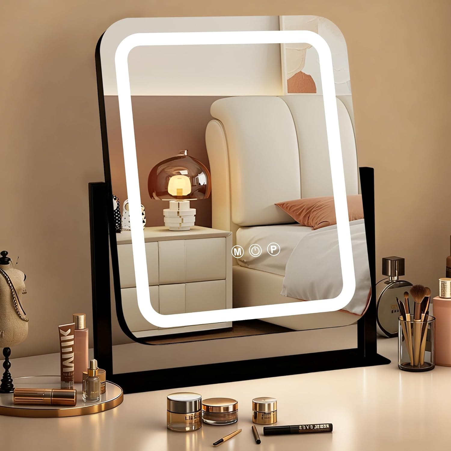 Ratsamee Vanity Mirror with Lights, 54 x 42 CM Led Makeup Mirror with 3 Color Dimmable Lights, Smart Touch Screen Control, USB Charging Port, Pink