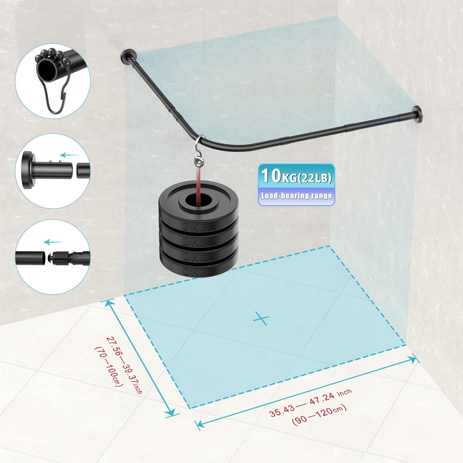 Tringle à Rideau de Douche L Sans Perage Barre De Douche Angle Extensible Acier Inoxydable 70-100 x 90-120cm Avec 24 Anneaux de Rideaux,pour Salle de Bain Baignoire Magasin de Vtements -Noir