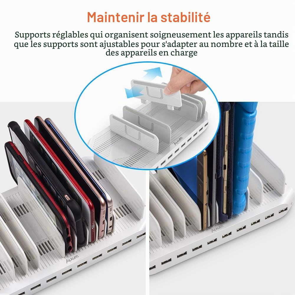 Alxum 96W 10 Ports Chargeur USB Multi-périphérique avec Supports réglables | Charge intelligente. 11 supports réglables. Téléphones & tablettes. Protection intégrée. Idéal maison & bureau.