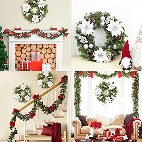 16 Inch Christmas Wreath, Front Door Outdoor Wreath with Flower Ball Ornament Pinecone Berry for Door Wall Window Fireplace Home Holiday Decoration-Silver