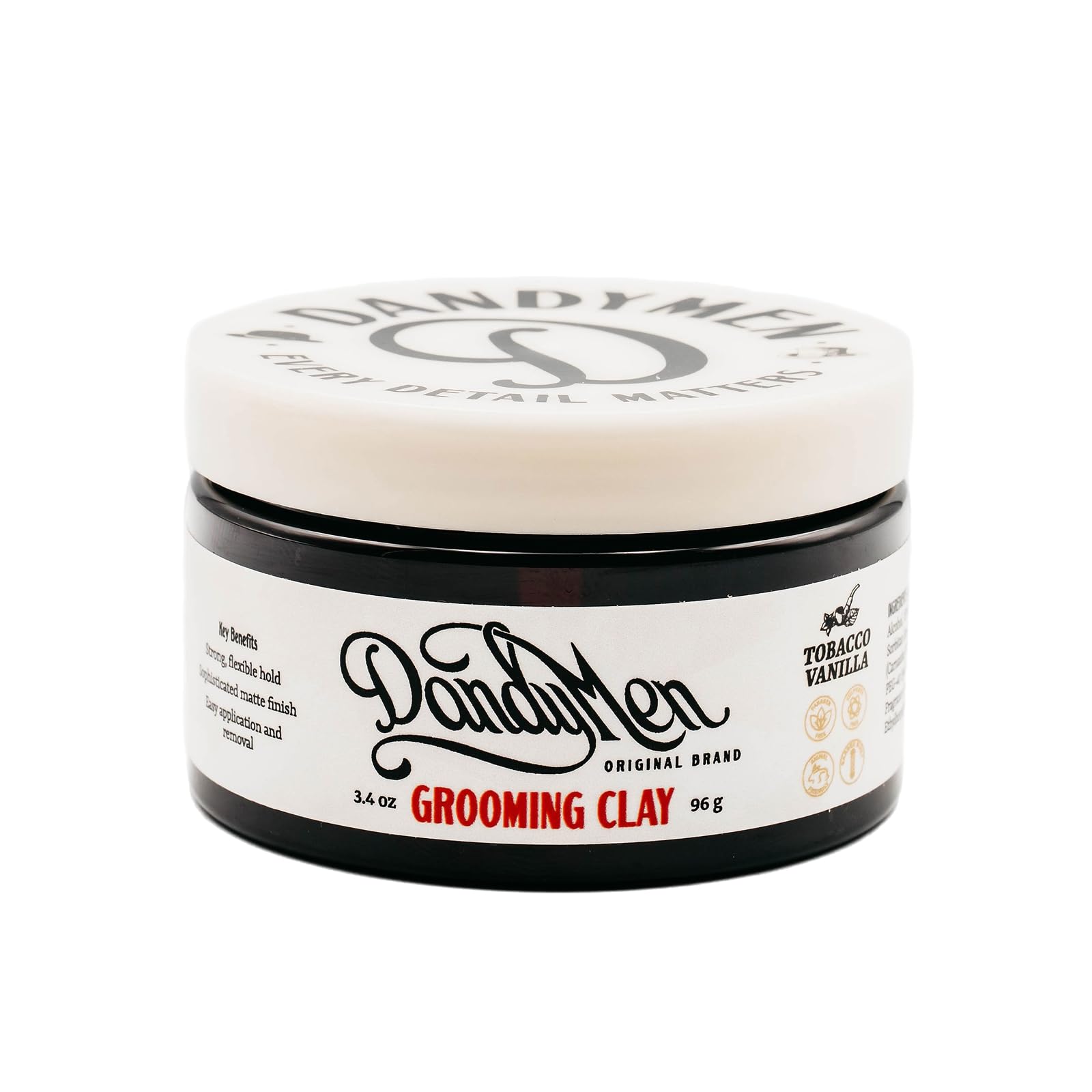 DandyMen Grooming Clay – Strong Hold, Natural Matte Finish, and Flexible Styling with Kaolin Clay & Beeswax – Tobacco Vanilla Scent – 3.4 oz (1-pack)