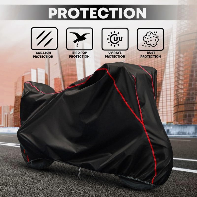 Image of Waterproof Bike Cover Compatible with Honda H''Ness CB 350 All-Weather Proof Triple-Stitched Durable Design Windproof Elastic Bottom | UV Protection & Dust Proof Black and Red Piping