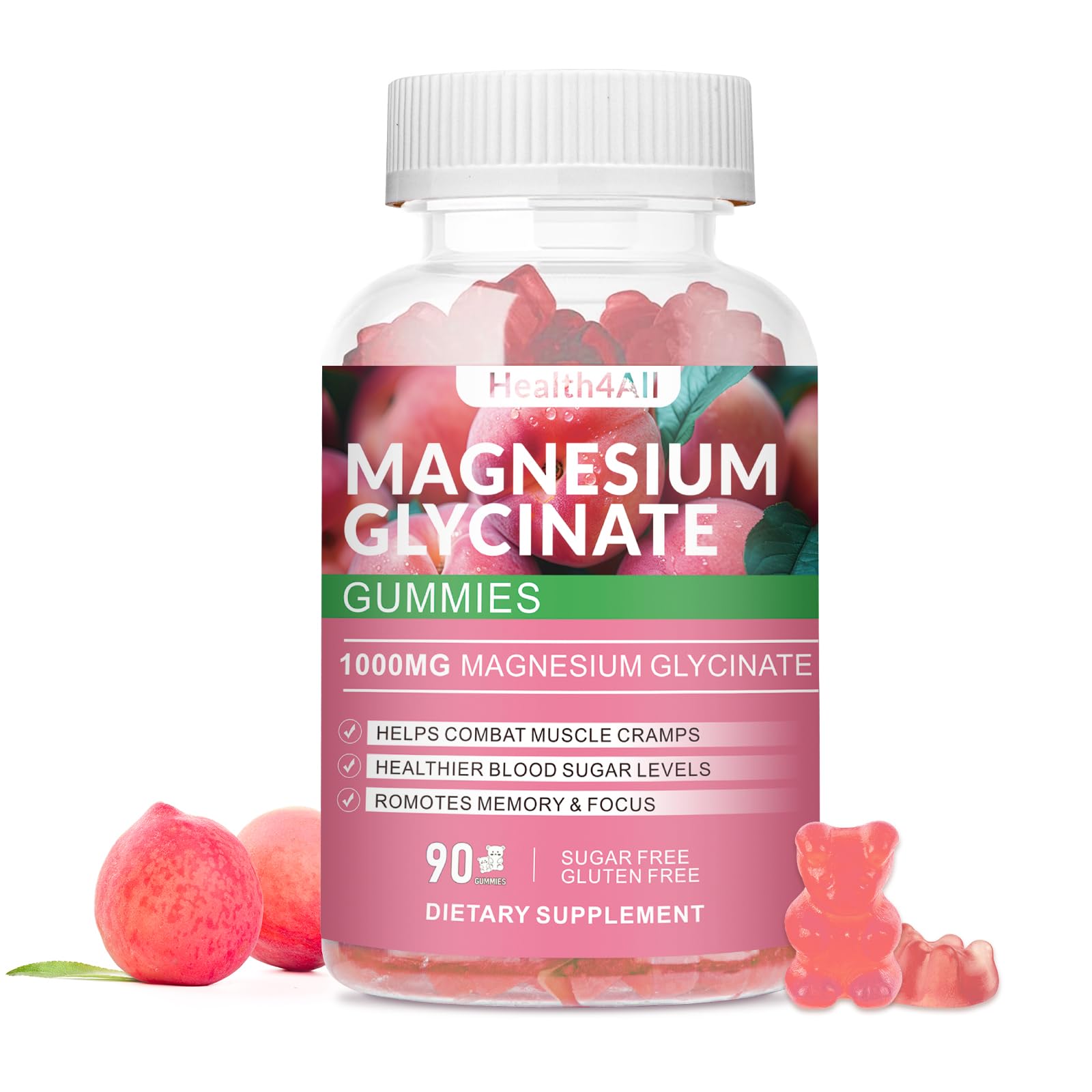 Magnesium Glycinate Gummies 1000mg, High Absorption Sugar Free Magnesium Potassium Supplement for Relaxation, Stress Relief, and Sleep Support for Adults & Kids - 90 Peach Gummies Peach 90 Count (Pack of 1)