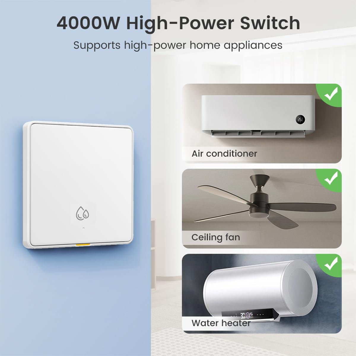 Chauffe-eau Electrique Interrupteur intelligent 20A 4000W WiFi Interrupteur pour Chauffe-eau Electrique avec statistiques de consommation électrique de l'assistant AI, blanc
