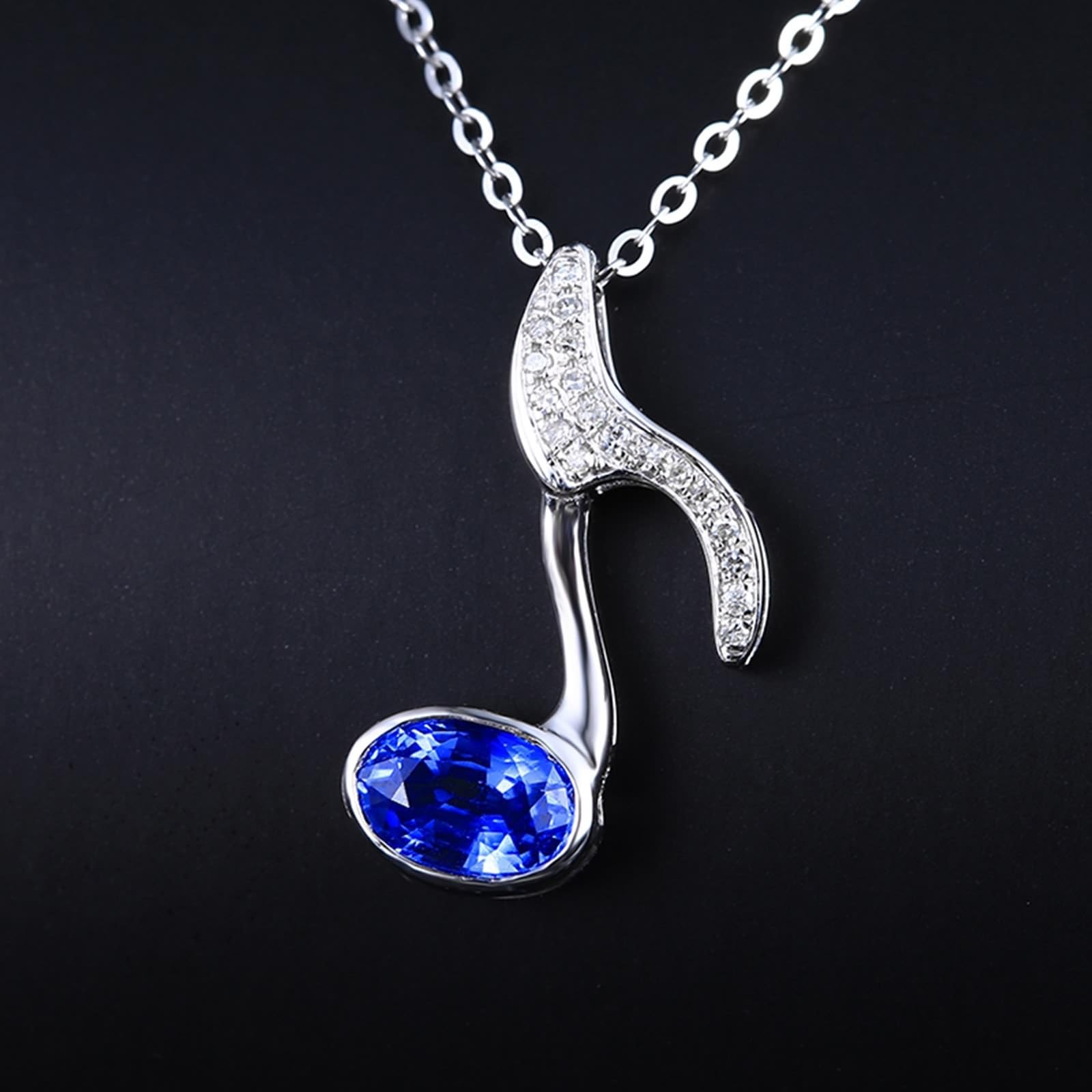 Naszyjnik damski z białego złota 18 K 750, 0,75 ct, szafirowy łańcuszek, niebieski, notacja muzyczna, łańcuszek damski, modna biżuteria 750 białe złoto z moissanit, długość 46-49 cm, 18