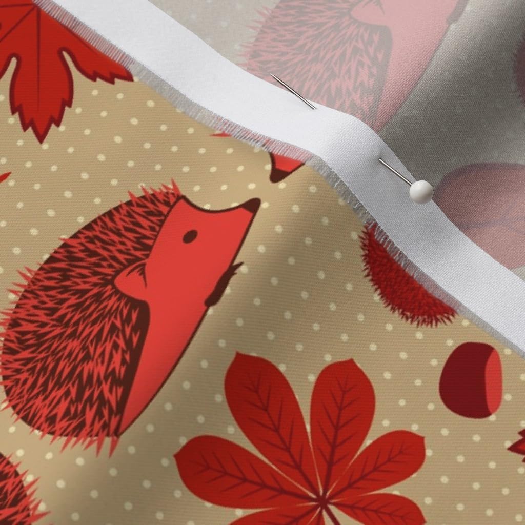 Spoonflower Fabric - Autumn Red Hedgehog Maple Leaf Leaves Fall Thanksgiving Printed on Organic Cotton Sateen Fabric by The Yard - Sewing Quilting Apparel Home Decor