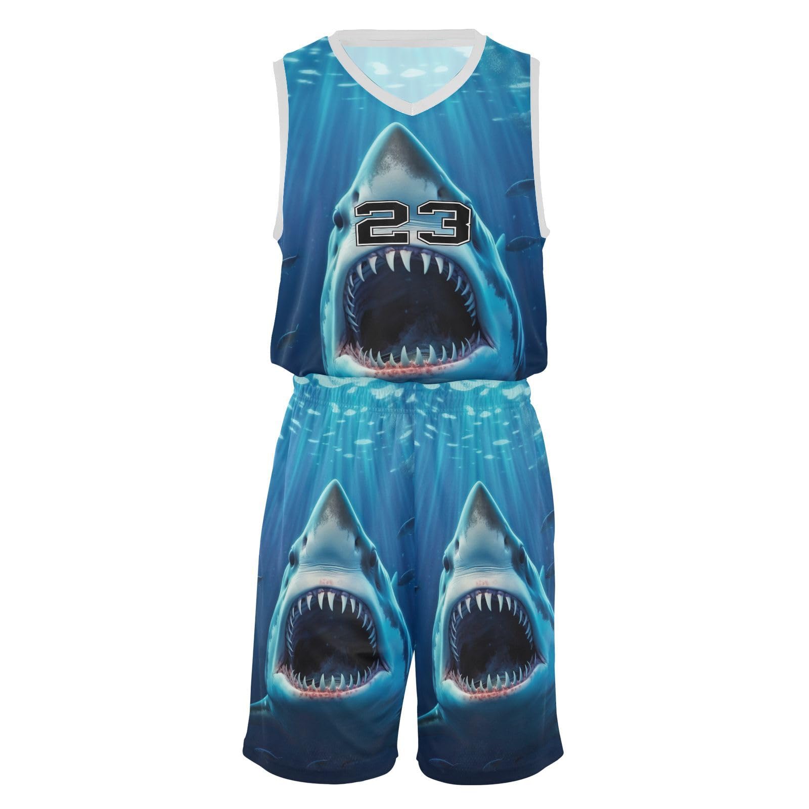 FLildon Giant Shark Boys Basketball Jersey Set Tank Top Shorts Tracksuit Sport Training Suit for Kids, L