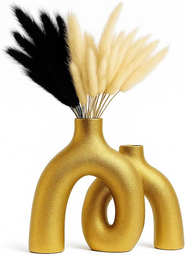 Gold Ceramic Vase Set - Modern Hug Donut Ceramic Vases by JAS & JAX GOODS, Minimalistic Nordic Home Decor Centerpiece for Console Tables, Living Room, Bookshelf, or Fireplace Mantel
