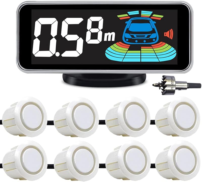 8 Parking Sensors kit Car Auto Vehicle Reverse Backup Radar System Distance Detection LCD Distance Display Sound Warning (8 Parking Sensors kit (White)