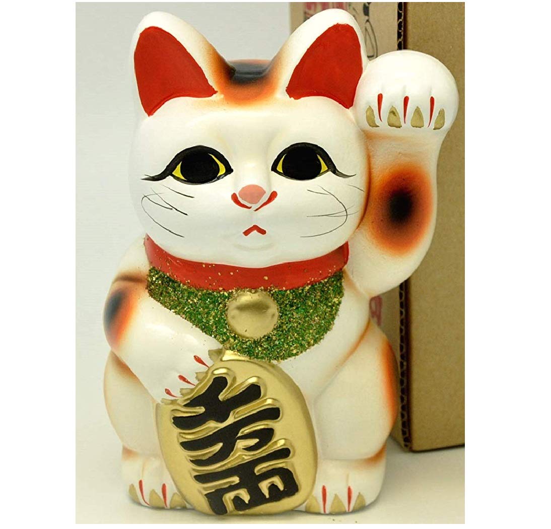 常滑焼 梅月 8号 白小判付招猫（左手） 株式会社梅月冨本