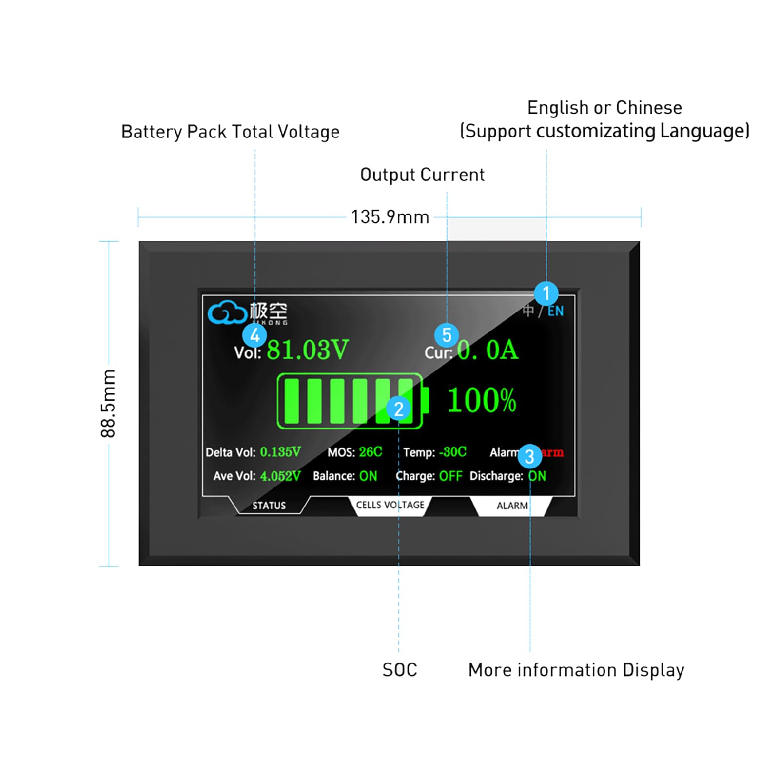 JKBMS Display LCD da 4,3 Pollici RS485 per JK BMS compatibili, monitor batteria con tensione corrente SOC e visualizzazione della tensione delle celle(LCD-4.3-RS485)