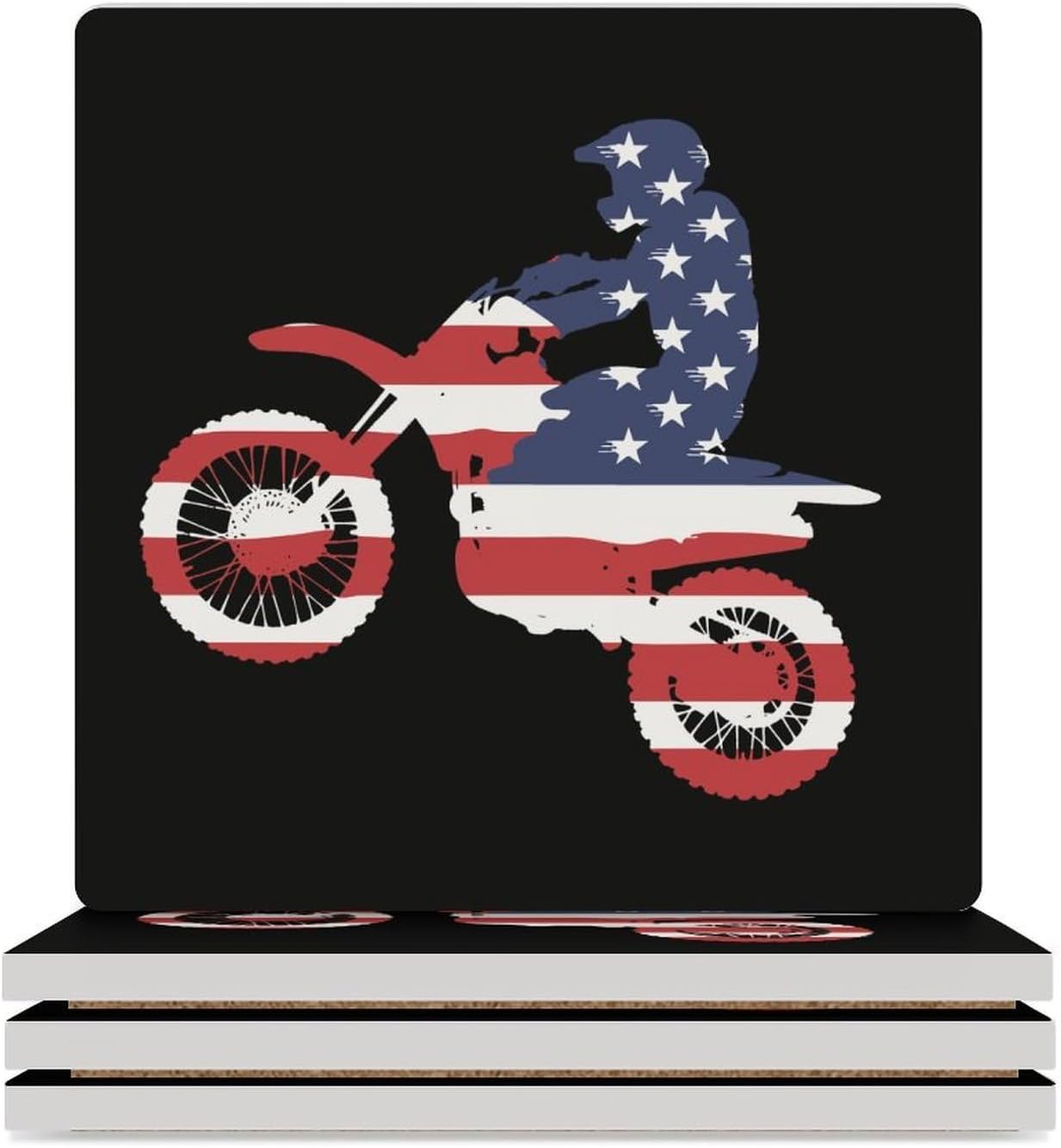 US Flag Dirtbike Motocross Funny Ceramic Coasters for Drink Absorbent Cup Holders Tabletop Protection