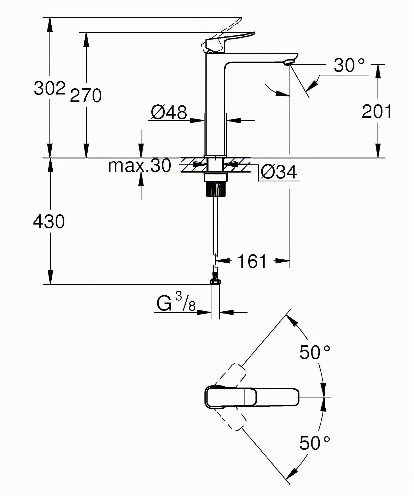 GROHE Dice, Waschtischarmatur hoch, wassersparend (Wasserhahn für das Bad, Badarmatur mit Zugstangen-Ablauf, 27cm hoch, 3in1 Werkzeug, einfache Installation am Waschbecken), mattschwarz, 1018922430