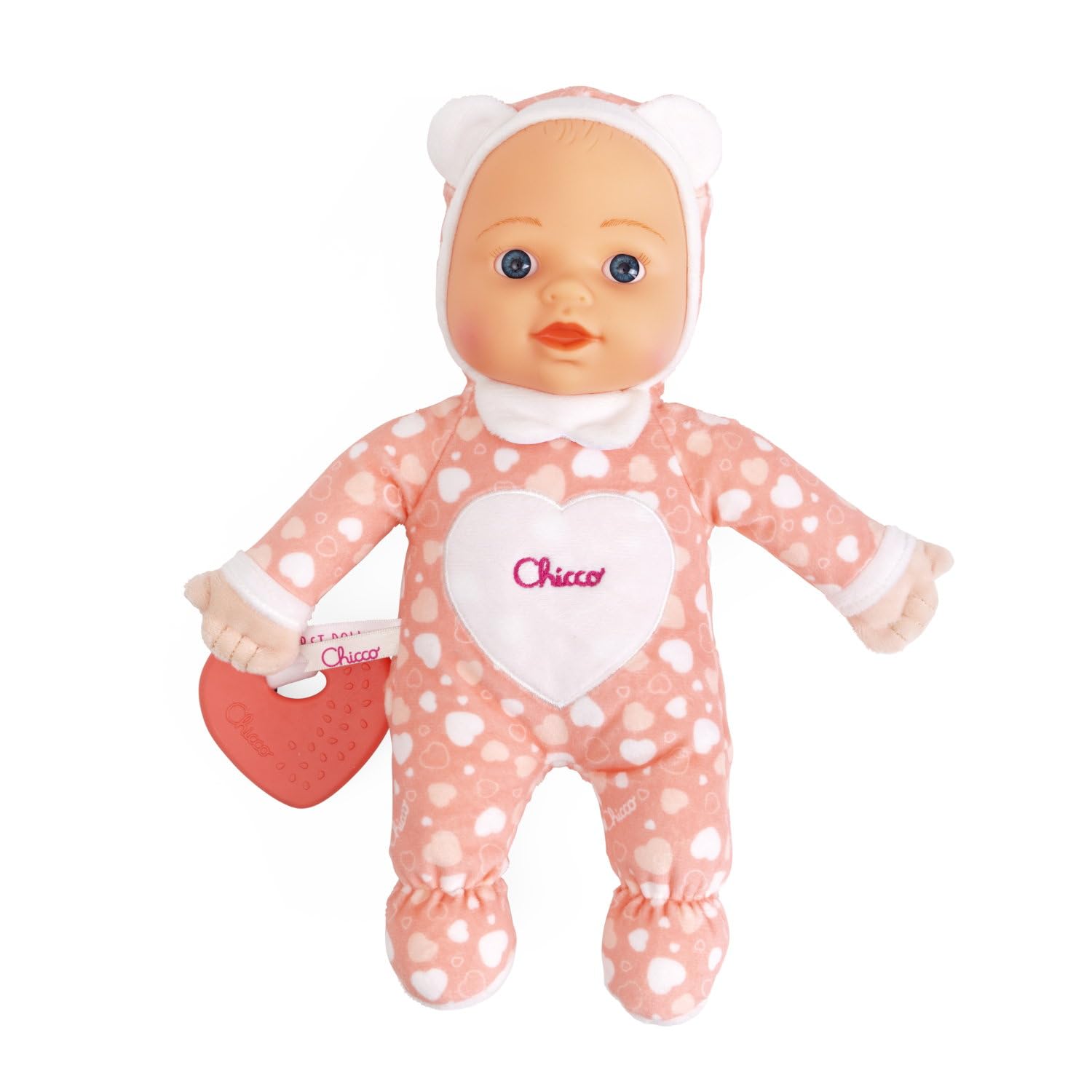 Chicco Gioco La Mia Prima Bambola, dolce bambola con cuoricini, con morbido cuore Massaggiagengive per la Dentizione, soffice e leggera, Lavabile in Lavatrice, 0 mesi+