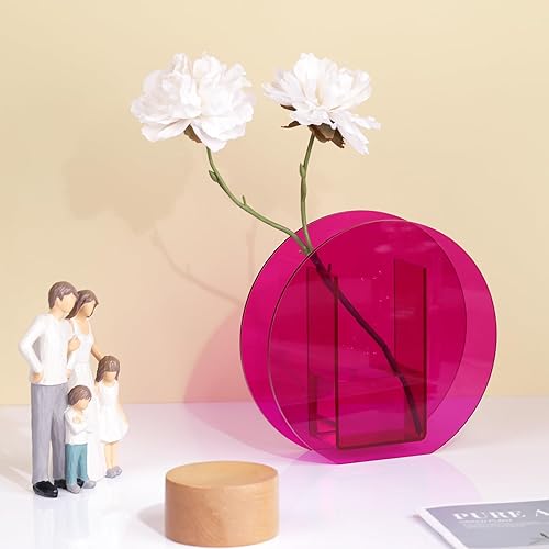 Miniatura 4 de Jarrón de acrílico rosa intenso, moderno jarrón pequeño de acrílico geométrico de boca ancha, florero rosa intenso para centros de mesa, jarrón de