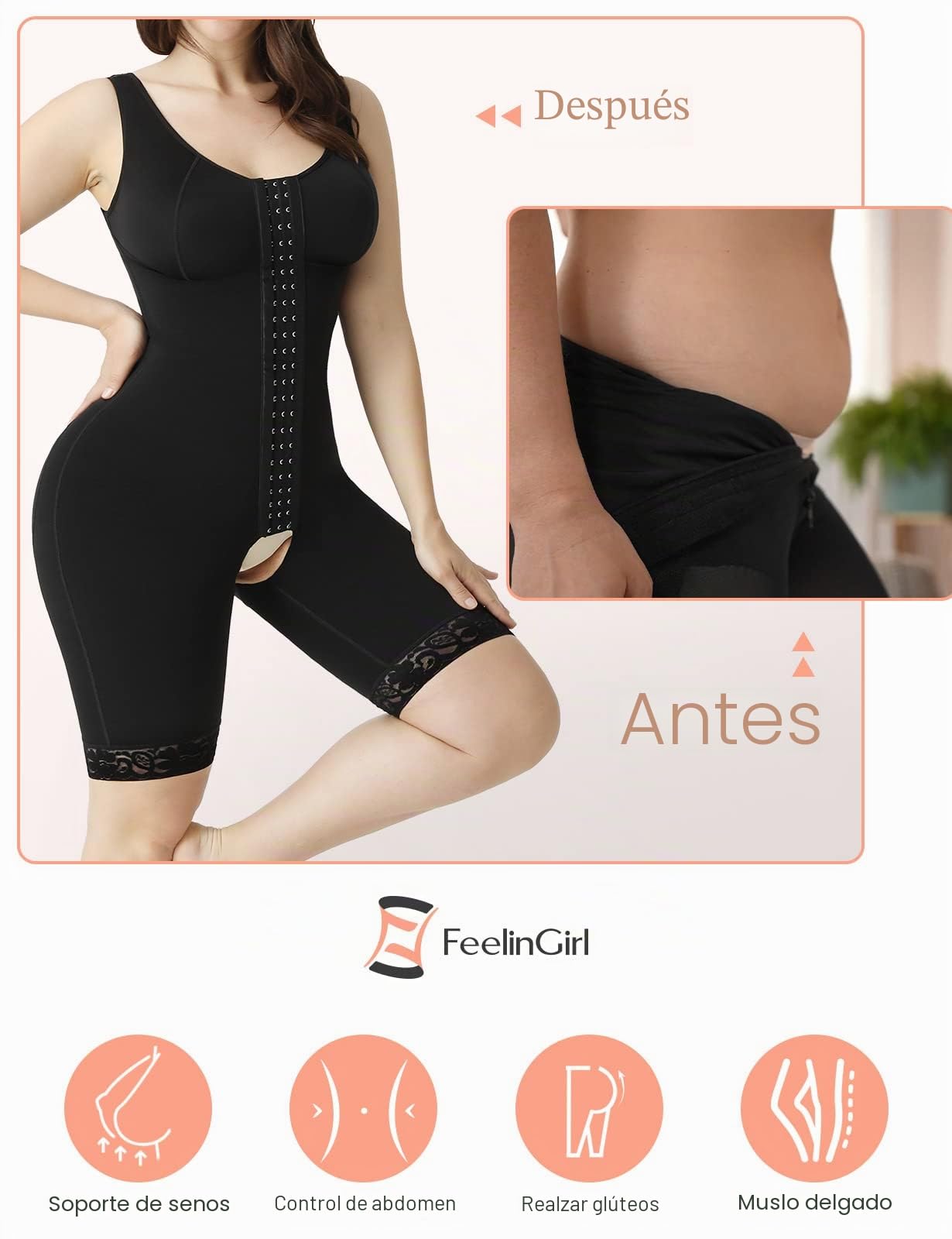 FeelinGirl Faja para Mujer con 3 Filas de Ganchos Shapewear Sobre Busto Control de Abdomen Body Reductor con Pantalones Moldeadores hasta la Rodilla Tallas Grandes