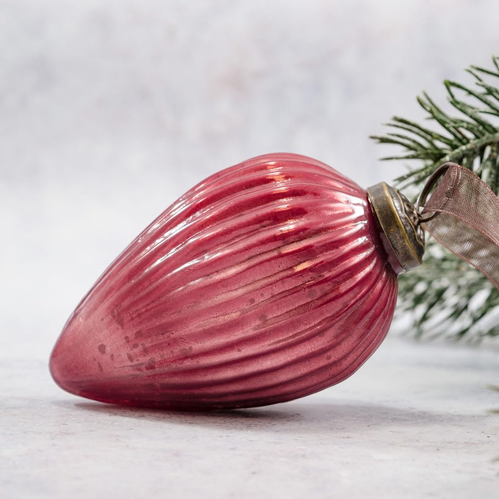 Arthur Cameron Mauve – 3" Extra Large Ribbed Crackle Glass Pinecone – Hand-Blown Glass Christmas Tree Decoration & Elegant Christmas Bauble For Winter Displays (Mauve)