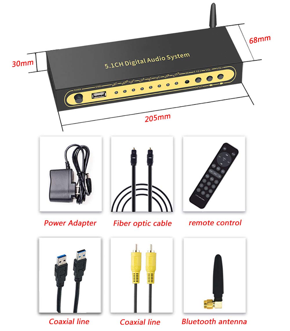 RSGK Decodificatore Audio 5.1, Convertitore Digitale-analogico, Disco U HDMI Bluetooth 5.0 Fibra Ottica Arc Coassiale, Supporto Lettore Blu-Ray PS Computer Set-Top Box E Altri Dispositivi Sorgente