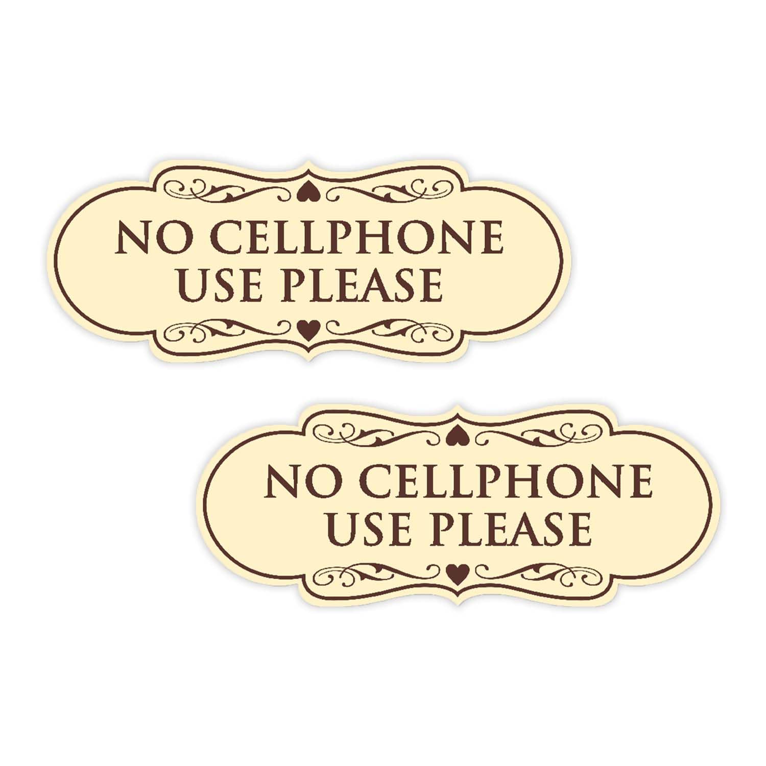 Designer No Cell Phone Use Please Sign - Easy Installation | Durable Wall or Door Sign (Ivory/Dark Brown) - Medium (2 Pack)