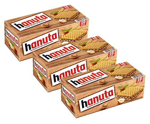 3X FERRERO HANUTA HASELNUSS-SCHNITTE (NOCCIOLA) LIMITED EDITION 220 gr - Wafer ripieni al Cioccolato e Nocciole Sbriciolate - Scatola da 10 pezzi