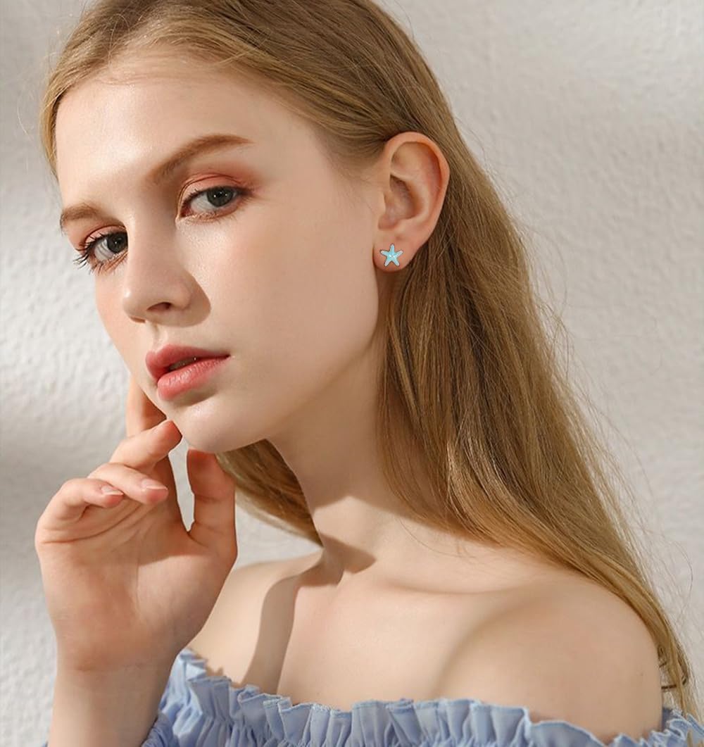 Blue Sea Shell Starfish Asymmetric Stud Earrings for Women 925 Sterling Silver Tiny Small Star Enamel Seashell Huggie Studs Earring Cute Jewelry Gifts Summer Beach Hypoallergenic - Image 3
