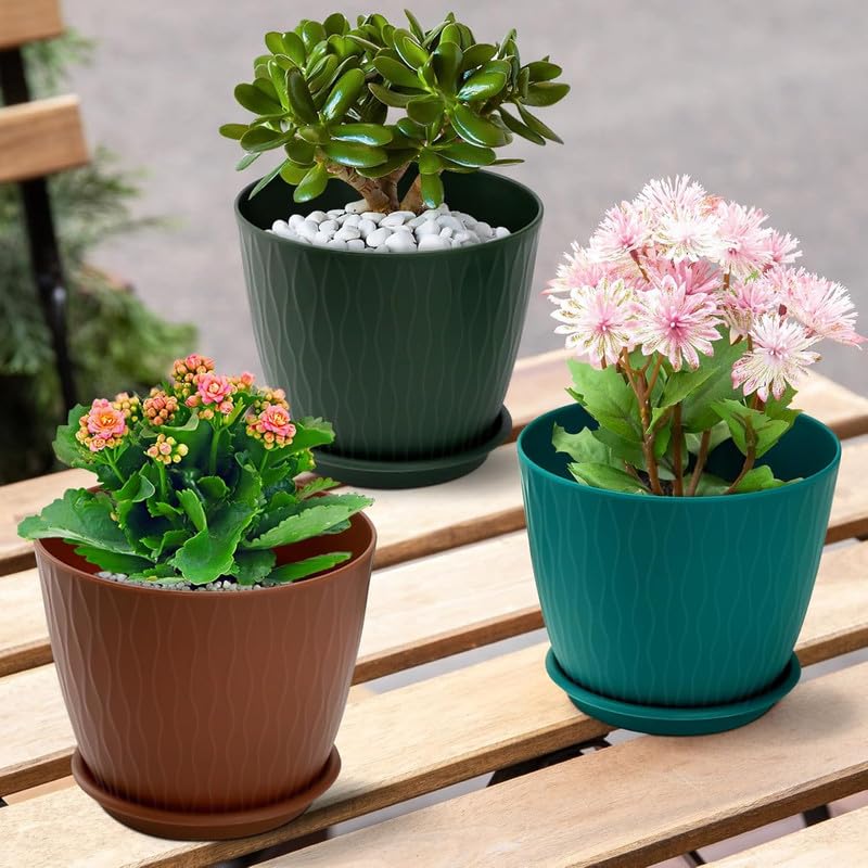 Image of StyleX Store Plastic Round Flower Pots with Drainage Hole Saucers | Durable Outdoor Indoor Wave Pattern Planters with Tray Plant Container for Garden Office, Balcony and Home (Set of 5,Z (Multicolor)
