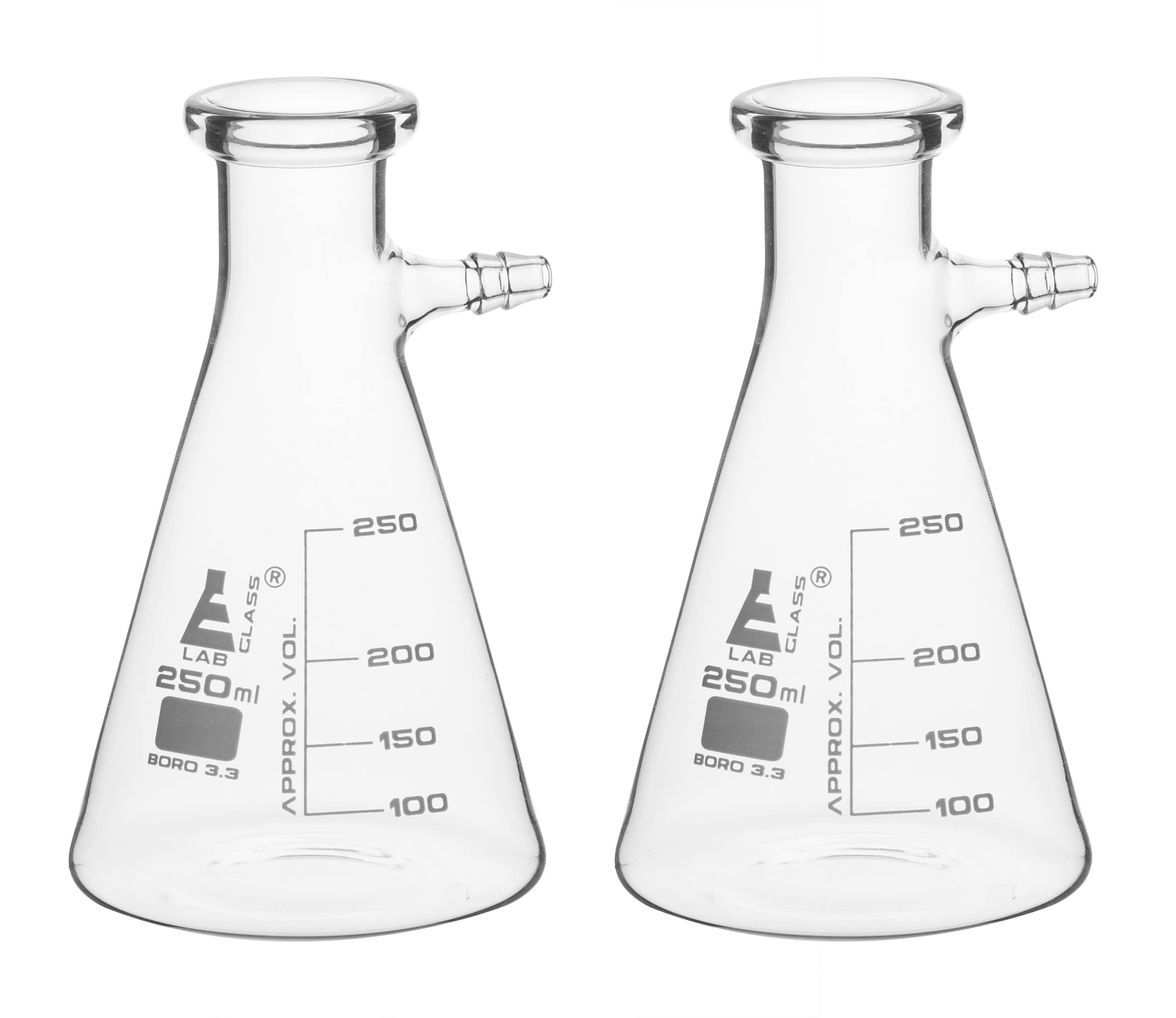 Economy Glass (Pack of 2) Filtering Flask, 250mL - Borosilicate - Conical Shape, with Integral Side Arm - White Graduations