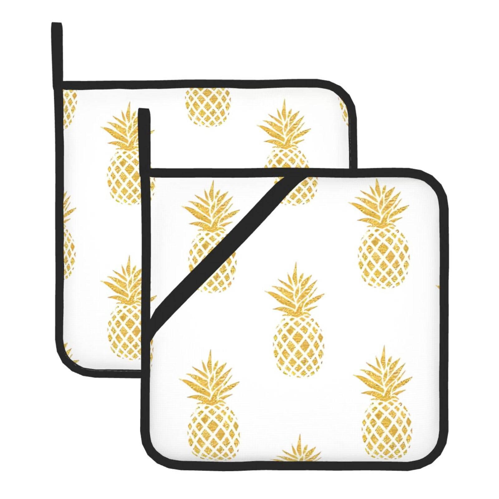 WHJDPP gold pineapple background Prints Square Hot Pads for Kitchen - Waterproof Pot Holders Set of 2, Durable Trivets with Pocket & Hanging Loop for Hot Dishes & Oven Use