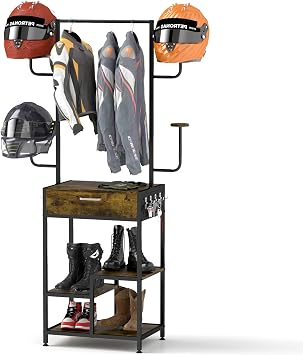 uyoyous Motorcycle Helmet Holder, Helmet Stand, Large Standing Helmet Holder, Metal Motorcycle Helmet Storage Rack with Drawer for Jacket, Hats, Multifunctional Helmet Rack, Motorcycle Accessories