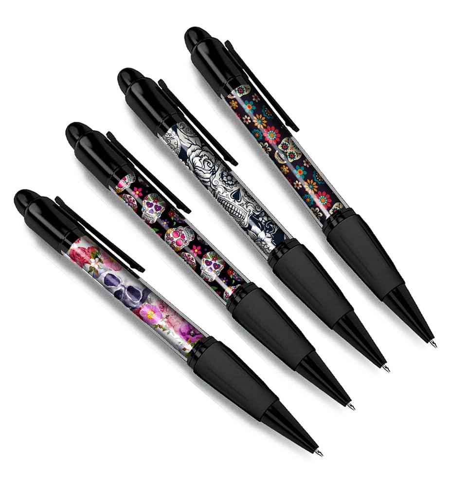 DV DESIGNSet of 4 Sugar Skulls Black Ballpoint Pens - Mexican Skull Floral Theme Gift
