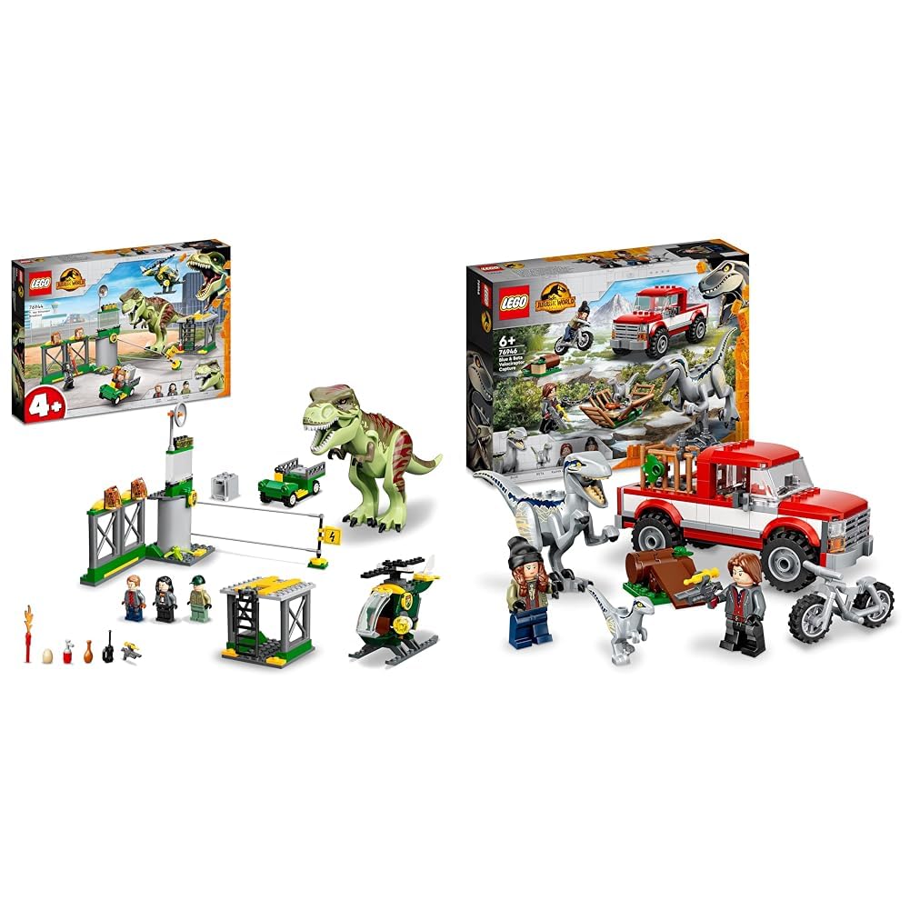 LEGO 76944 Jurassic World T. rex Dinosaur Breakout Toy & 76946 Jurassic World Blue and Beta Velociraptor Capture with Truck and 2 Dinosaur Toys, Gifts For Boys & Girls, 2022 Dominion Movie