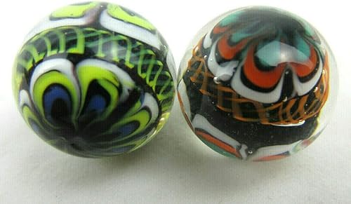 ~ Juego de 2 canicas de cristal hechas a mano RINKY-Dink de 0.630 in con diseño de celosía naranja, azul y verde