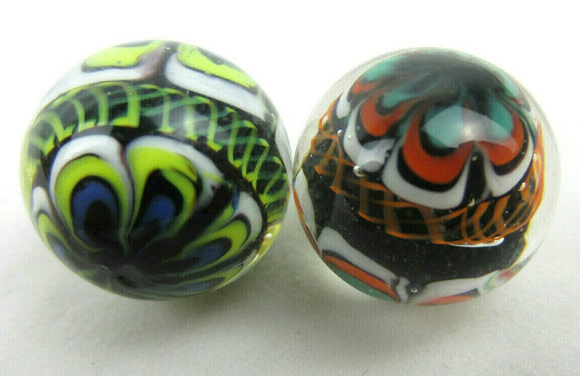 Big Game Toys ~Set of 2 RINKY-Dink 16mm Handmade Art Glass Marbles Orange Blue Green Lattice Design