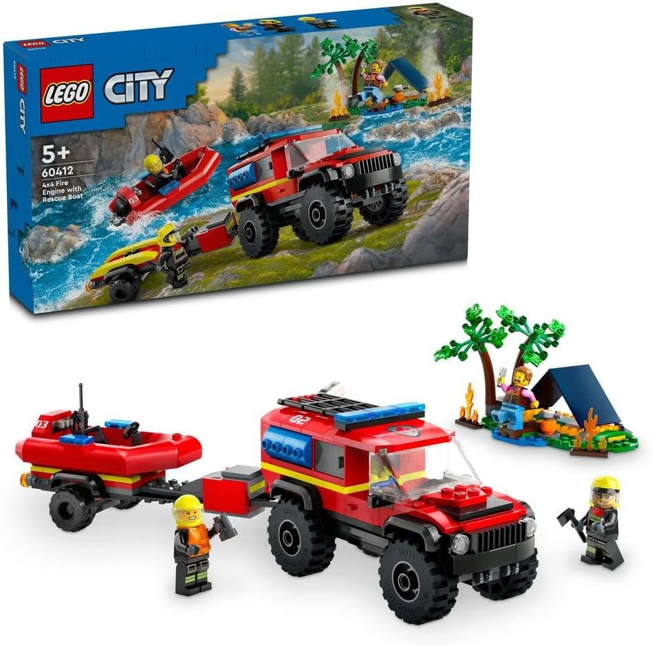 LEGO City 4x4 Fire Engine with Rescue Boat Building Toys for 5 Plus Year Old Boys & Girls, Imaginative Play Set Includes a Dinghy, Trailer, Tent, Camper and 2 Firefighter Minifigures, Gift Idea 60412
