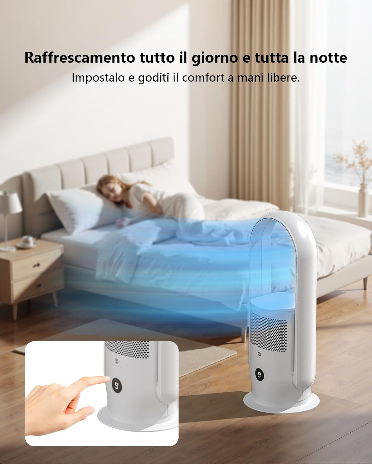 Ventilatore Senza Pale, ULTTY Silenzioso Ventilatore con Purificatore d'Aria con Telecomando, Timer, Alto 60 cm, Oscillazione per Camera da Letto, Ufficio a Casa, CR021 Bianco