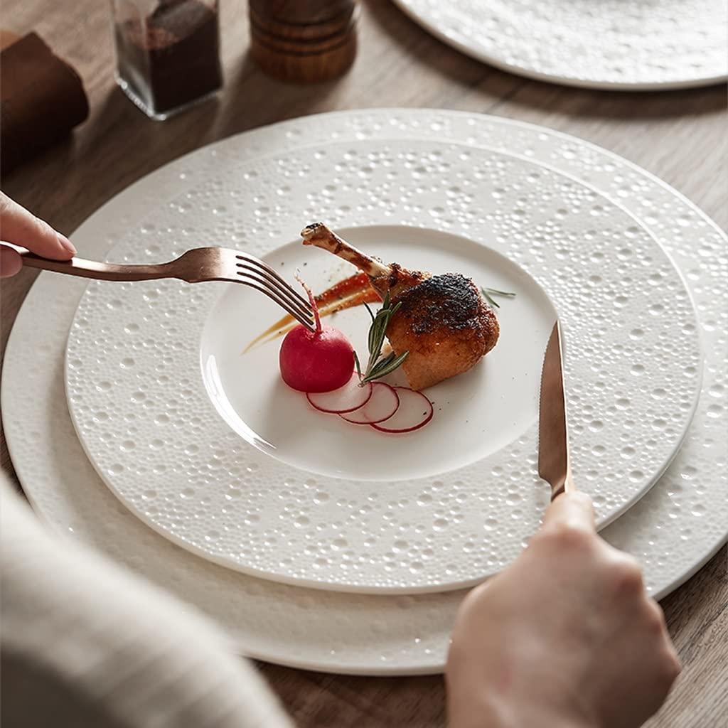 Assiette plate moderne, grande assiette de service, plateau de service, 30-35 cm, en céramique blanche, style western, assiette plate, vaisselle froide, vaisselle d'hôtel, assiettes empilables, dorée