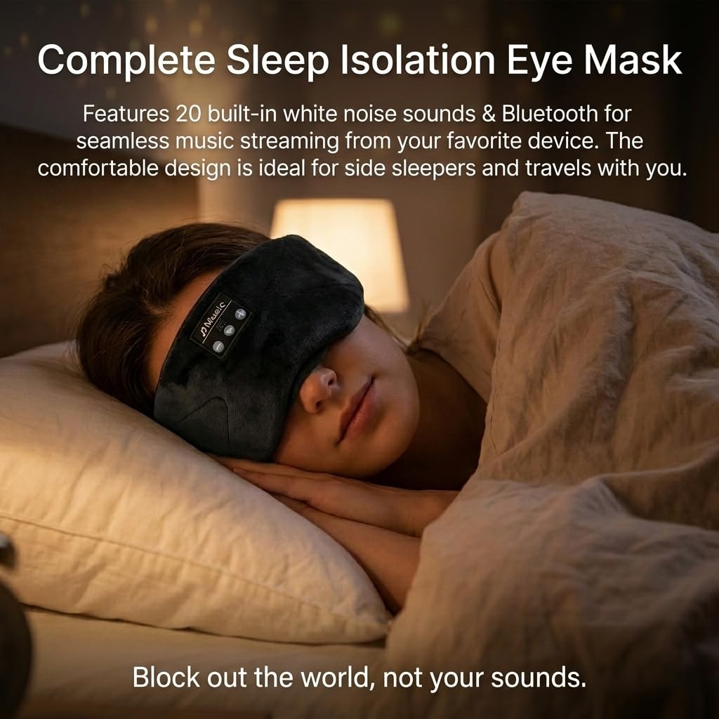 Sleepals - Antifaz para dormir con auriculares con ruido blanco, batería de 35 horas de duración, altavoces integrados para dormir de lado, bloqueo de luz 100%, transmisión inalámbrica de música