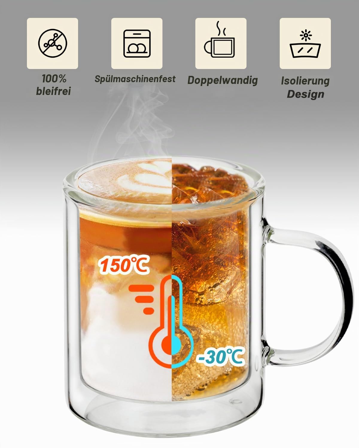 LIBWYS 4er Set Doppelwandige Latte Macchiato Gläser mit Griff (4x350ml), Hitzebeständige Glasbecher mit Edelstahl Löffel für Kaffee, Tee, Heißgetränke, Saft, Bier