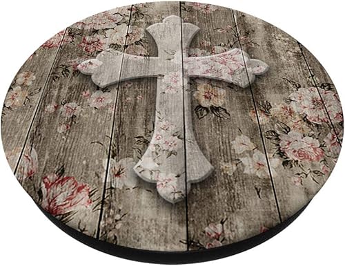 Miniatura 2 de Christian Cross  Pretty rosa blanco flores en madera  PopSockets agarre y soporte para teléfonos y tabletas