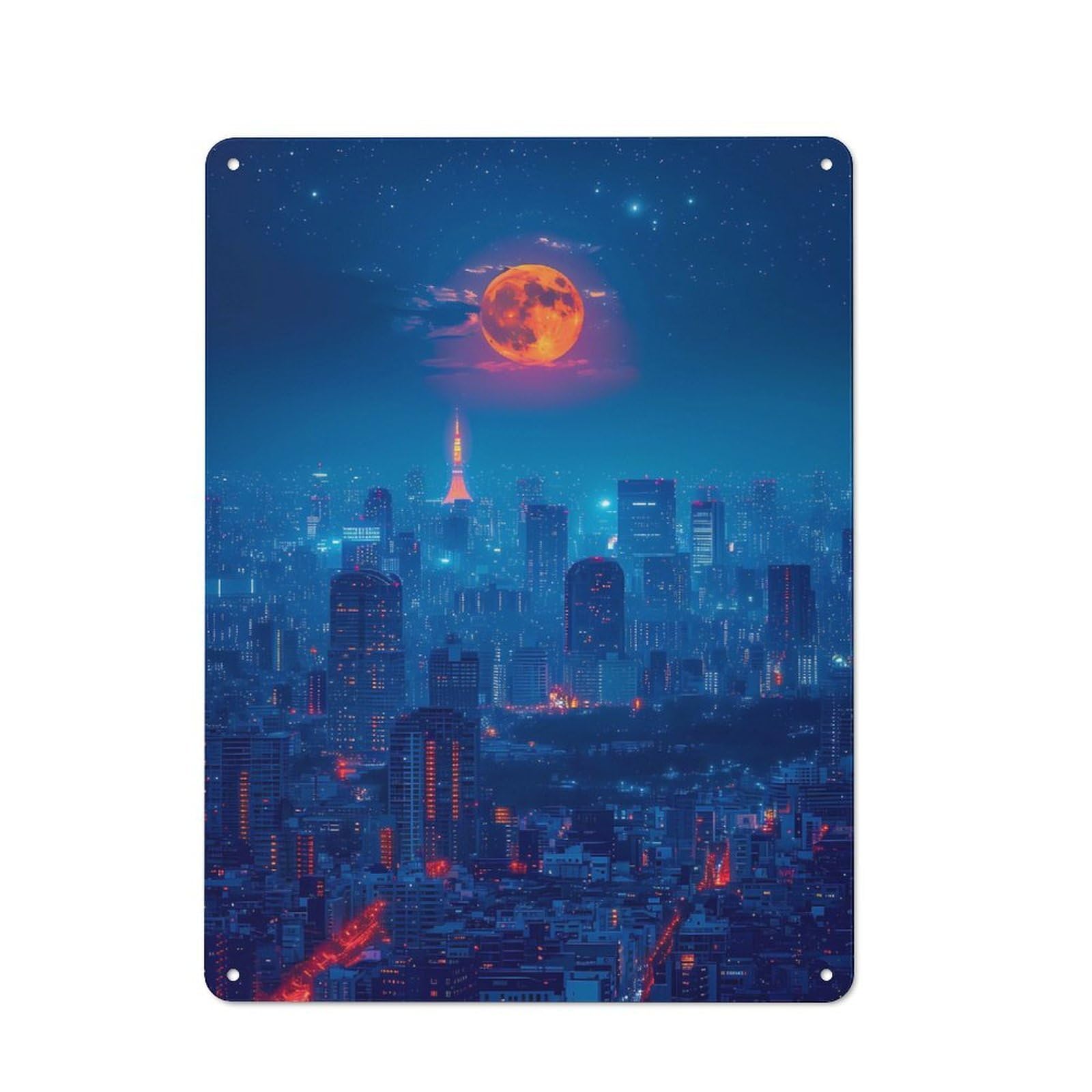 Moonlit Metropolis Metal Wall Plaque, Easy to Hang Plaque for Living Room, Hallway, Kitchen Or Pet Corner, 40x30cm