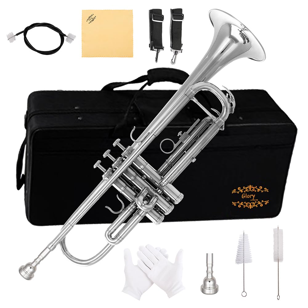 Glory Bb Trumpet - Trumpets for Beginner or Advanced Student with Case, pair of gloves-Nickel