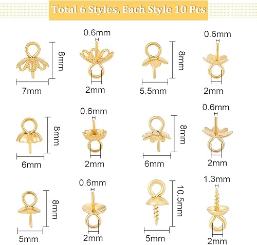 Miniatura 3 de UNICRAFTALE 60 piezas de 6 estilos de vasos de acero inoxidable con perlas, colgantes, tapas de flores doradas, tapas de ojo, tapones de rosca,