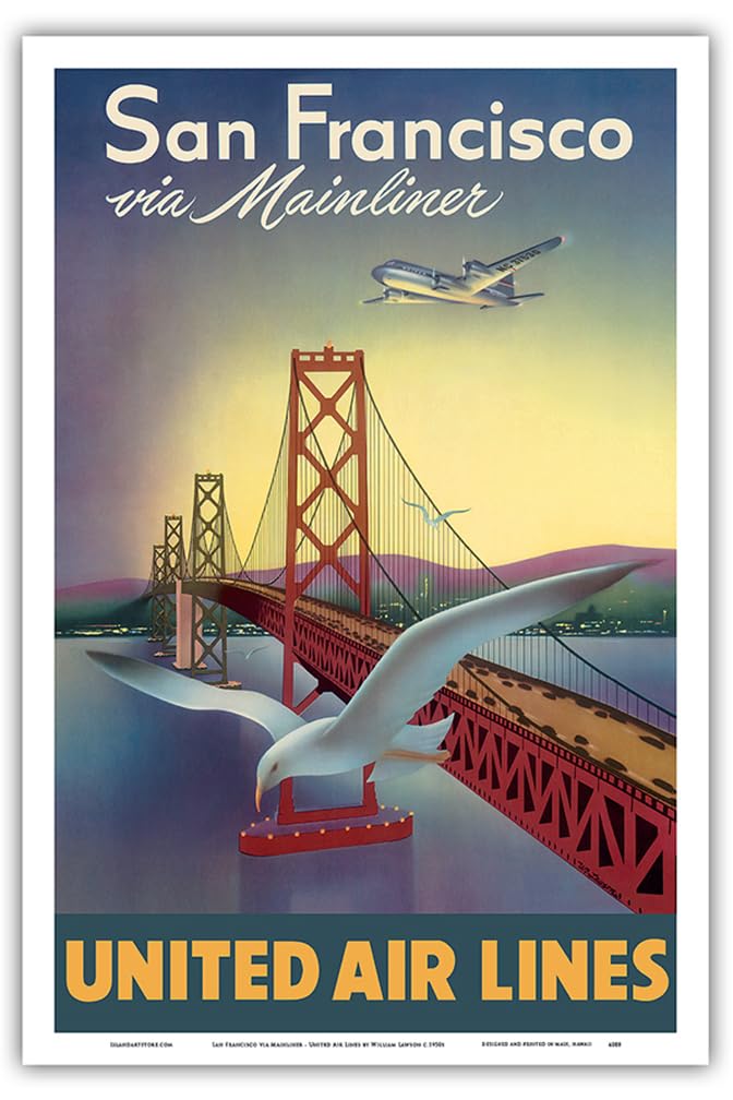 Pacifica Island Art San Francisco via Mainliner - United Air Lines - San Francisco-Oakland Bay Bridge - Vintage Airline Travel Poster by William Lawson c.1950s - Master Art Print 12" x 18" PRTB4088