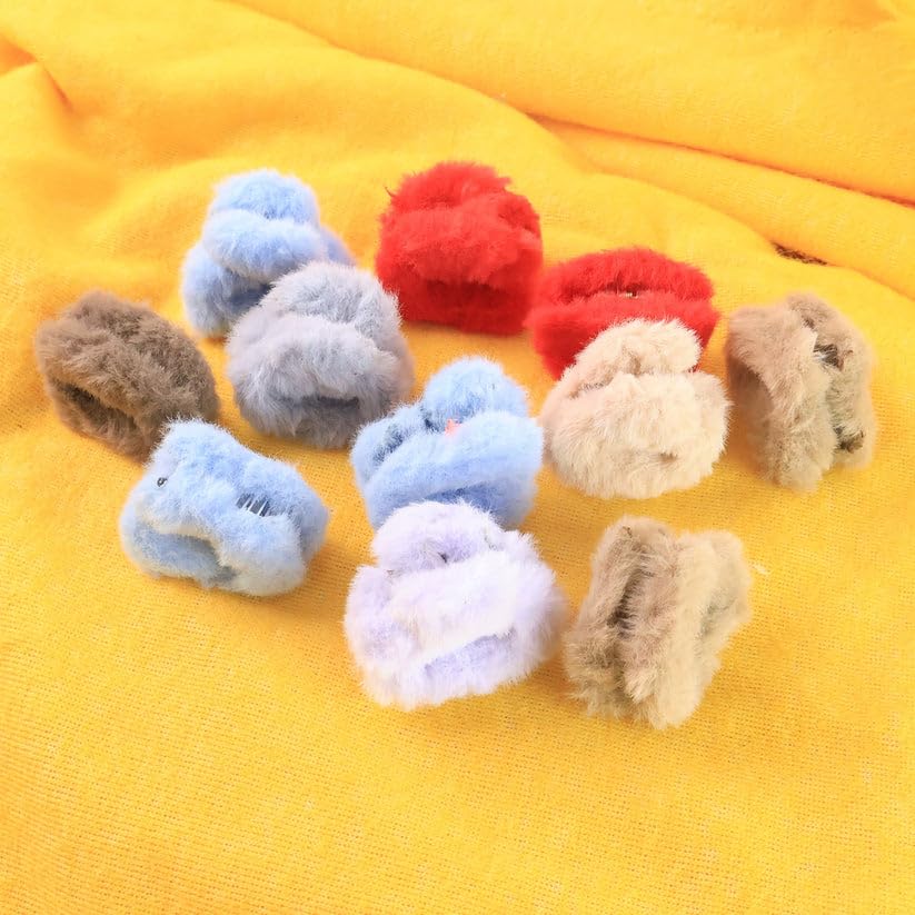 Image of Small Fluffy Hair Claw Clips for Women and Womens, Soft Plush Non Slip Hair Accessories, Strong Grip Mini Hair Clutcher Set, Assorted Colors, Pack of 12 Pieces