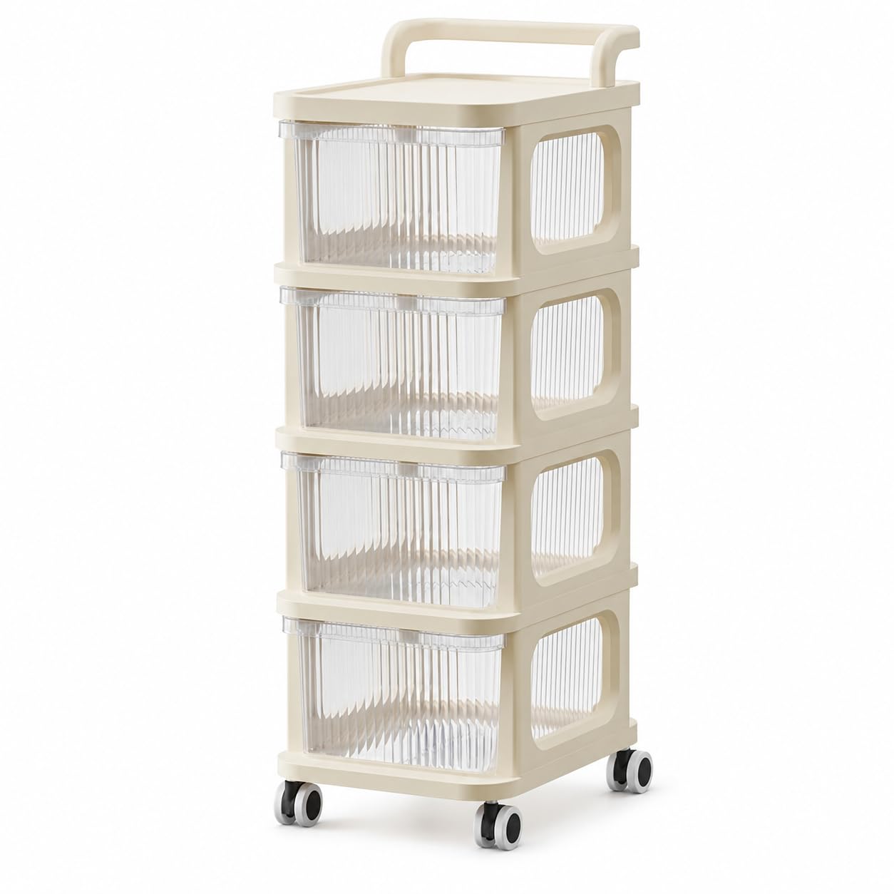 4 Tier Plastic Storage Trolley with Drawers on Wheels – Multi-Purpose Organiser for Home, Office & Desk Storage (Beige, 4 Tier)