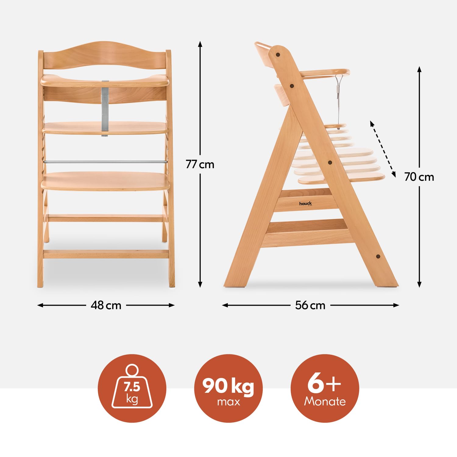 Hauck Alpha+ Holz Hochstuhl Baby mitwachsend 6 Monate bis 90 kg, Natural, 5-Punkt-Gurt, 8-fach verstellbar