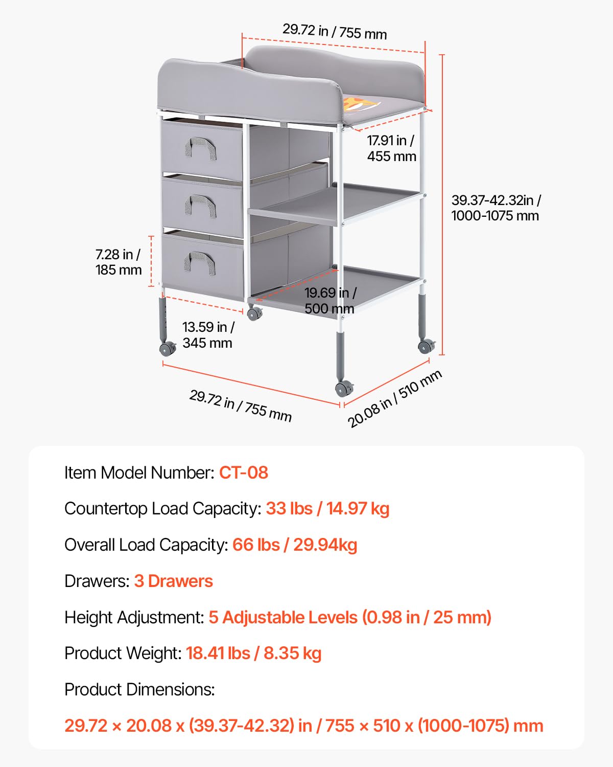 VEVOR Table à Langer Portable, Plan à Langer avec 3 Tiroirs en Tissu et Roulettes Verrouillables, Meuble pour Bébés Multifonctionnel avec Rangement, Hauteur Réglable, pour Chambres d'Enfant, Gris