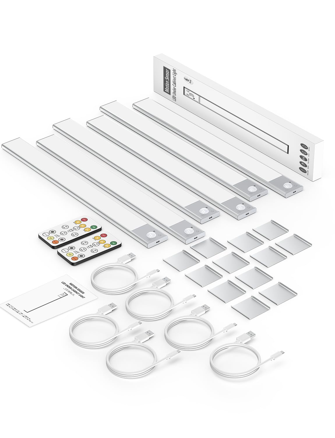 80 LED Unterschrankbeleuchtung, kabellos, 40,6 cm Bewegungsmelder, wiederaufladbar, Unterschrankleuchten, magnetische Schrankleuchten, batteriebetrieben, Unterbauleuchten für Küche (6 Stück, Silber)