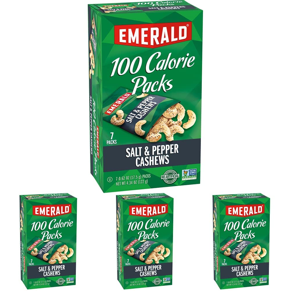 Emerald Nuts, Salt & Pepper Cashews, 100 Calorie Packs, 7 Count, 4.34 Oz (Pack of 4)
