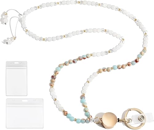 LENYNAL Cordones con cuentas para tarjetas de identificación y llaves, lindo cordón retráctil para profesores, cordones de piedra natural para
